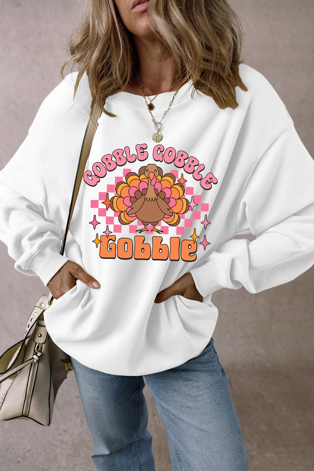 White Gobble Gobble Turkey Thanksgiving Graphic Sweatshirt