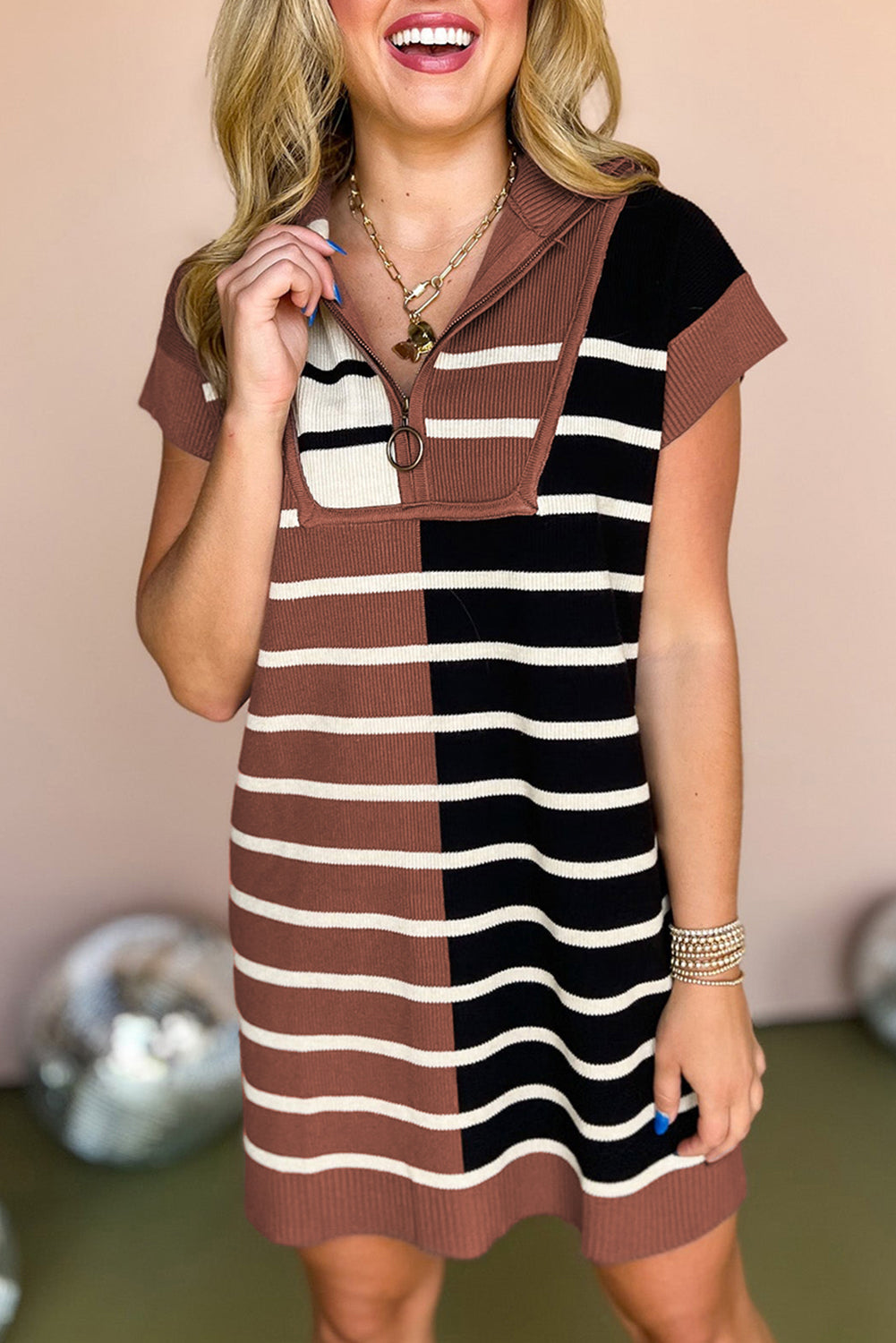 Khaki Stripe Color Block Short Sleeve Quarter Zip Mini Dress