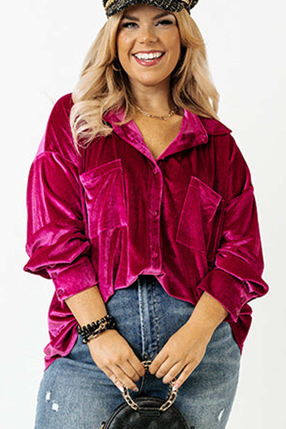 Chestnut Plus Size Velvet Chest Pocket Drop Shoulder Shirt