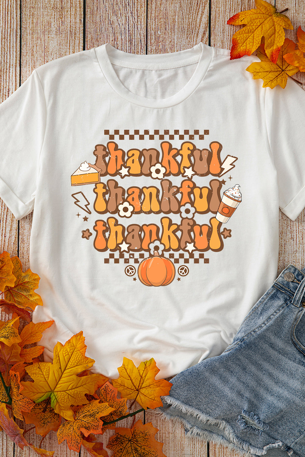 Khaki thankful Crewneck Thanksgiving Graphic Tee