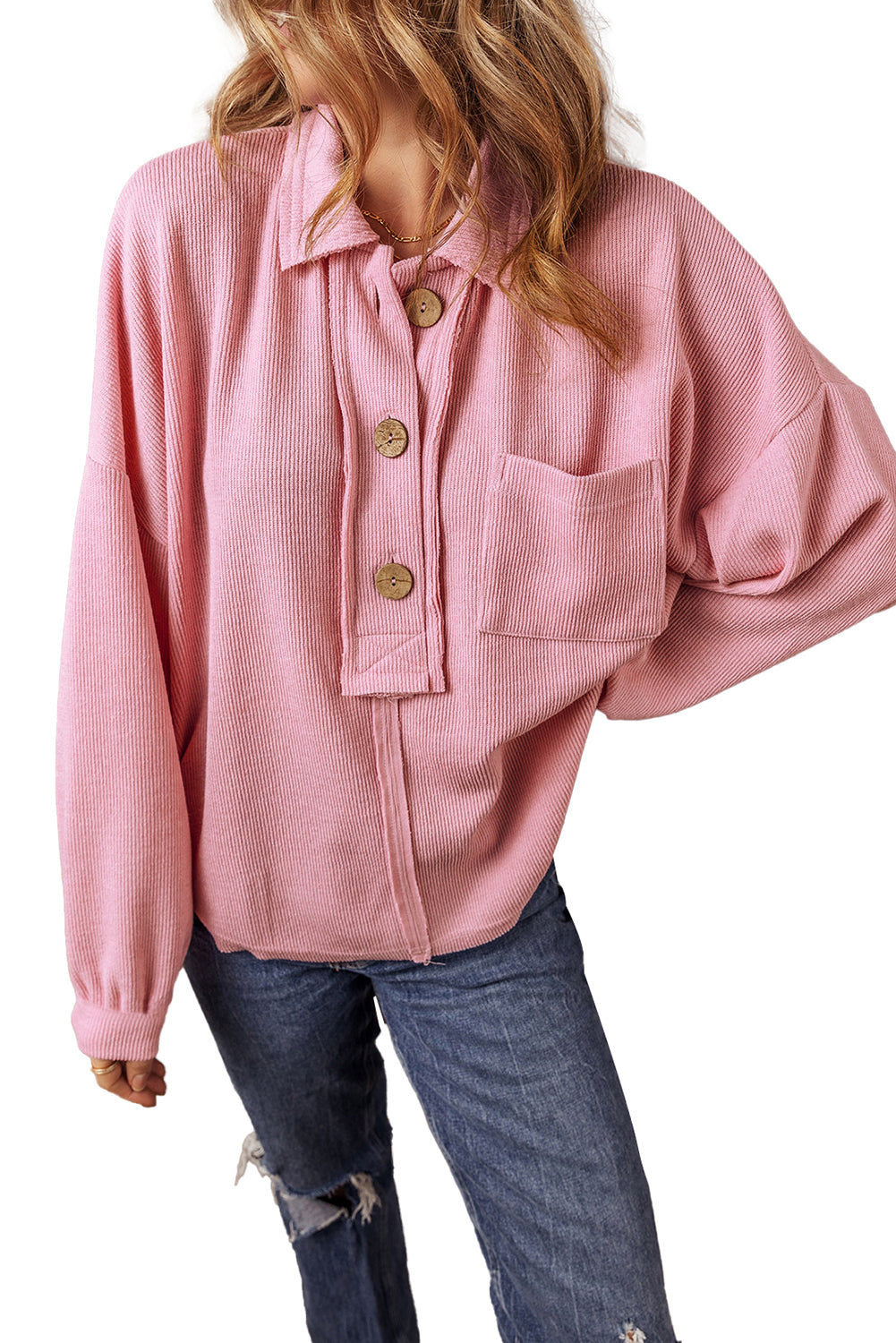 Pink Chest Pocket Ribbed Collared Henley Top