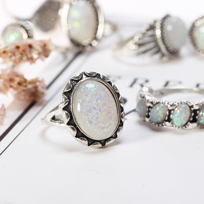 Opal Alloy Geometric Ring 8-Piece Set