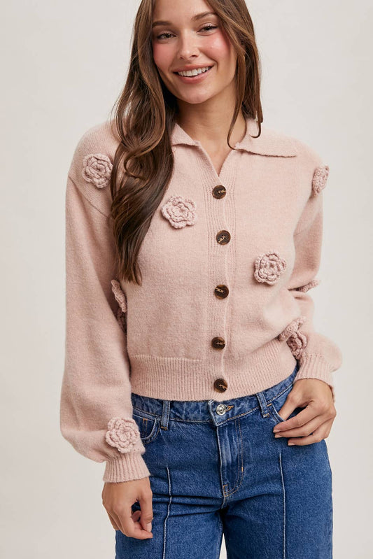 BLUIVY FLORAL EMBROIDERY BUTTON DOWN COLLAR KNIT CARDIGAN