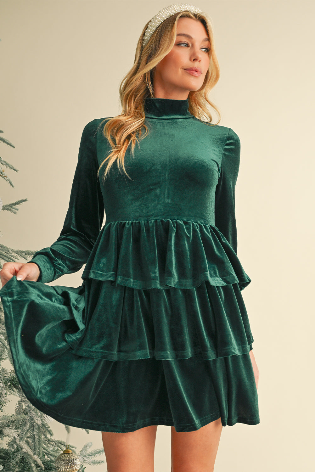 Evergreen Velvet High Neck Tiered Ruffle Mini Dress