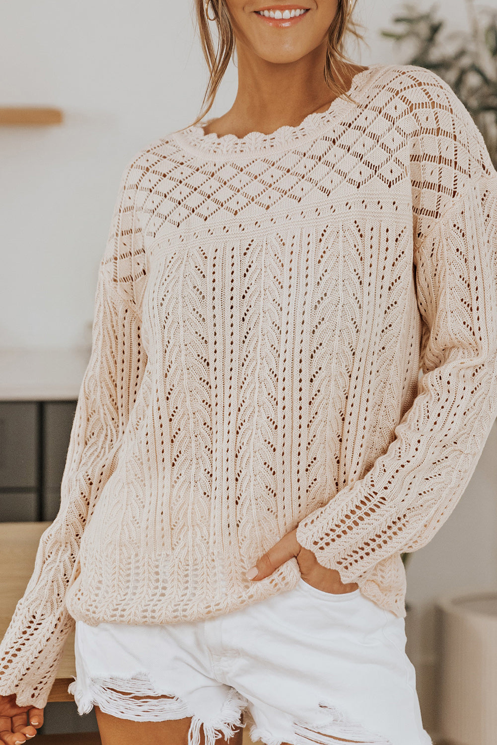 Pink Solid Casual Drop Shoulder Knit Sweater