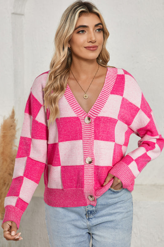 Pink Checkered Drop Shoulder Buttoned V Neck Cardigan