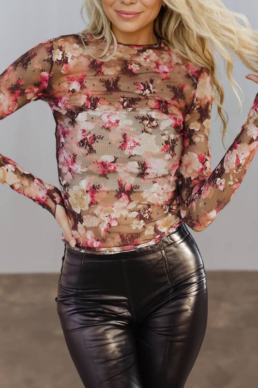 Sassy Floral Print Sheer Mesh Top