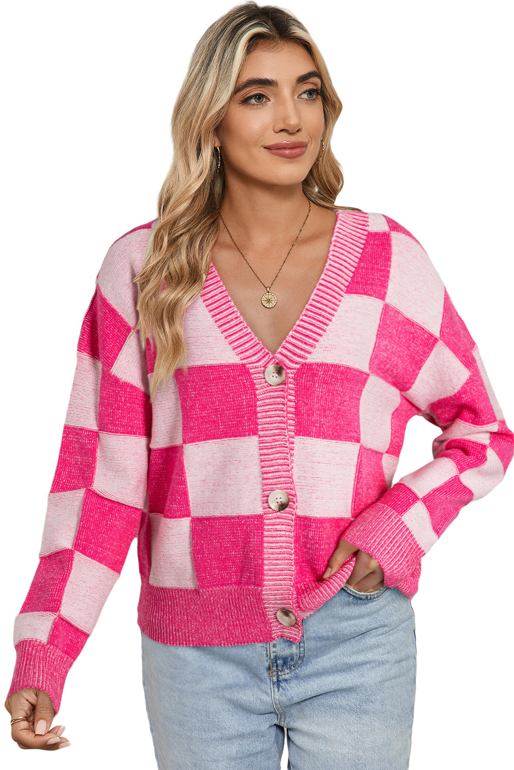 Pink Checkered Drop Shoulder Buttoned V Neck Cardigan