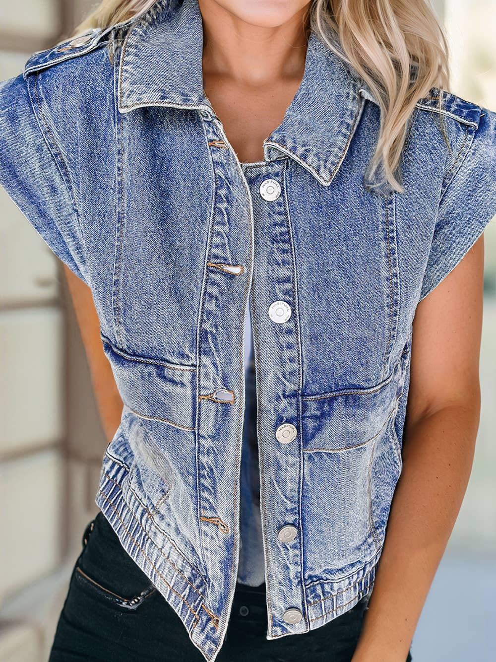 Acid Wash Elastic Hem Button Up Denim Vest