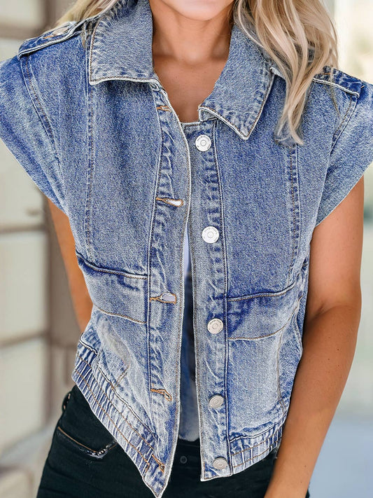 Acid Wash Elastic Hem Button Up Denim Vest