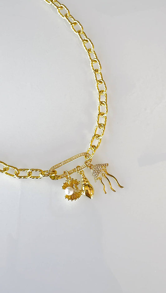 Savvy CZ Long Carabiner Clasp Textured Chain Charm Necklace