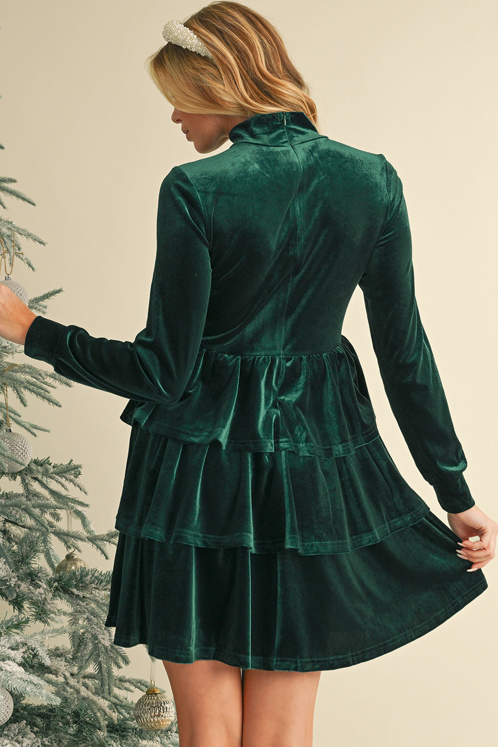 Evergreen Velvet High Neck Tiered Ruffle Mini Dress