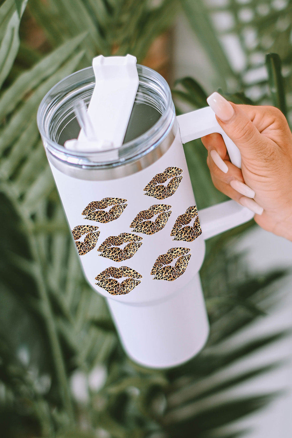 White Leopard Lips Print Thermos Cup with Straw 40oz