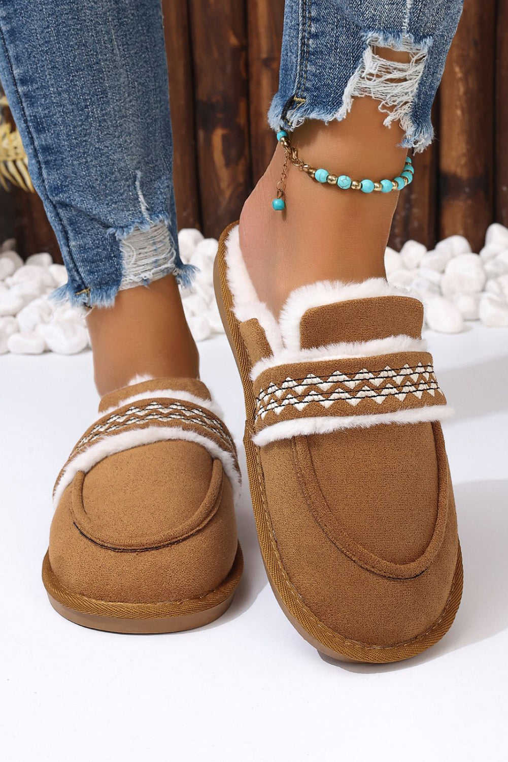 Chestnut Suede Wavy Striped Plush Lined Home Slippers