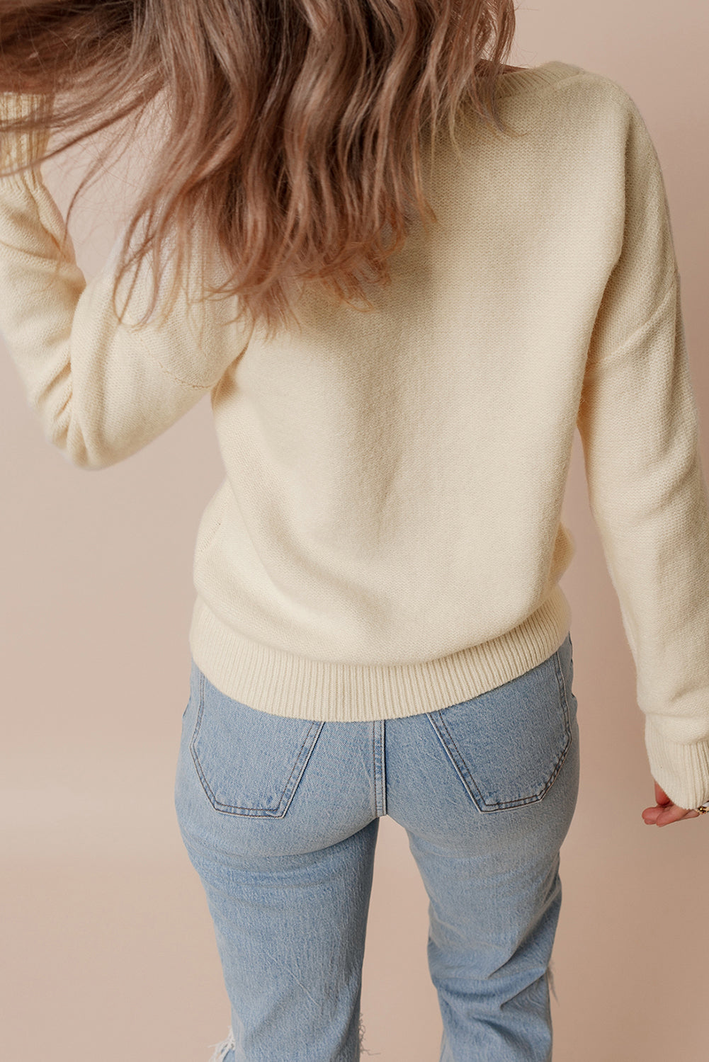 Beige Knitted Flower Pattern Ribbed Edge Sweater