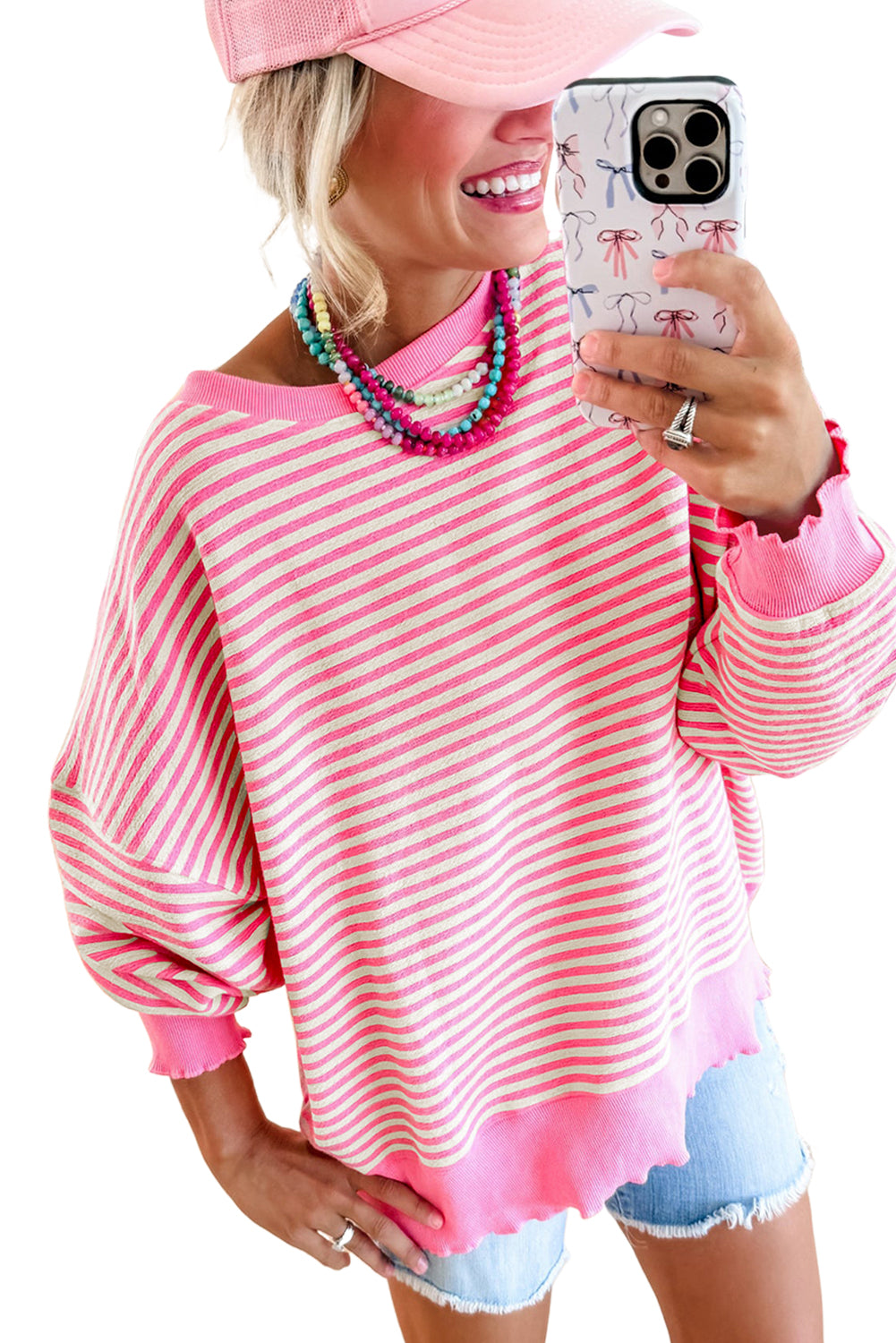 Green Stripe Drop Shoulder Long Sleeve Top