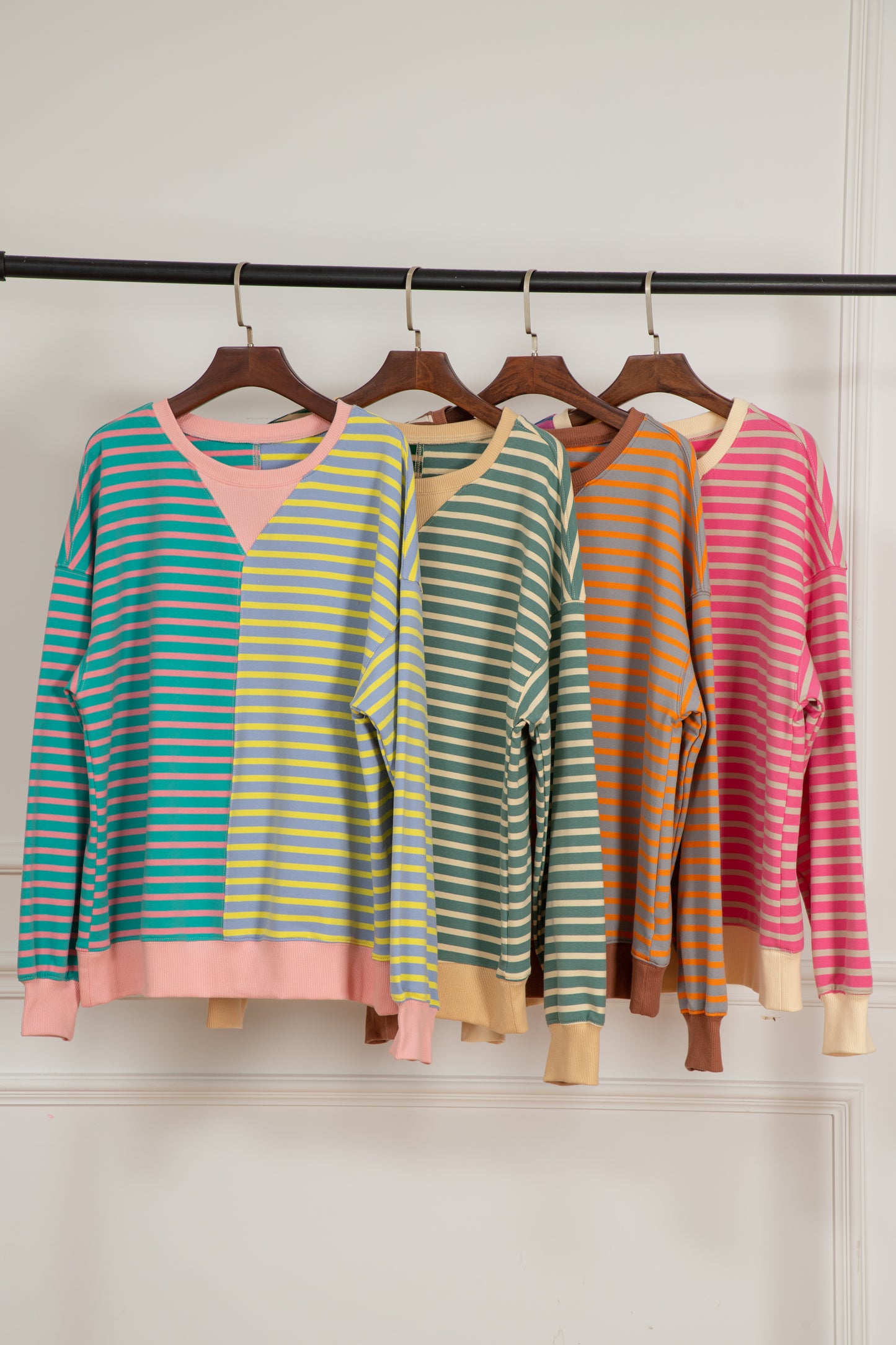 Green Stripe Colorblock Drop Shoulder Oversize Sweatshirt