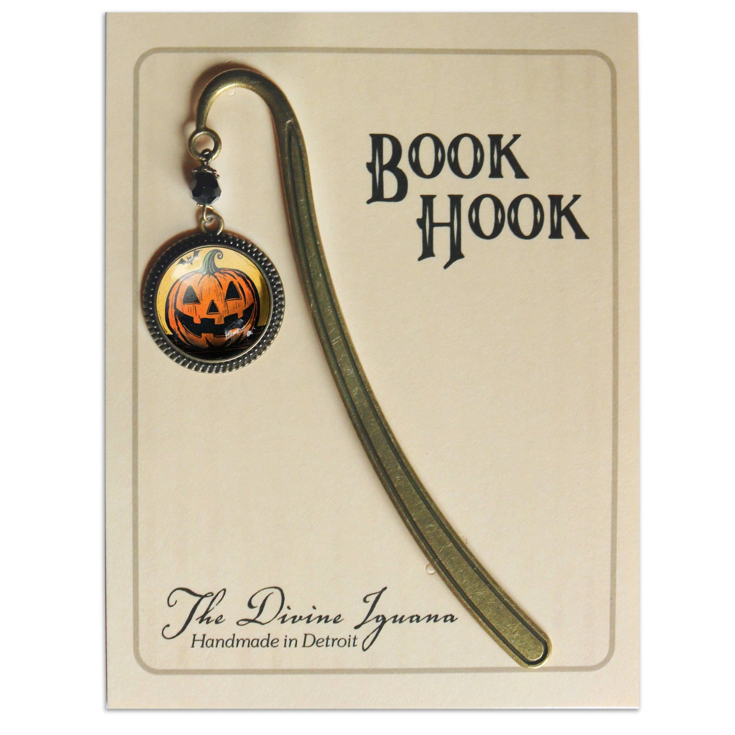 Retro Jack O Lantern with Bat Bronze Halloween Bookmark
