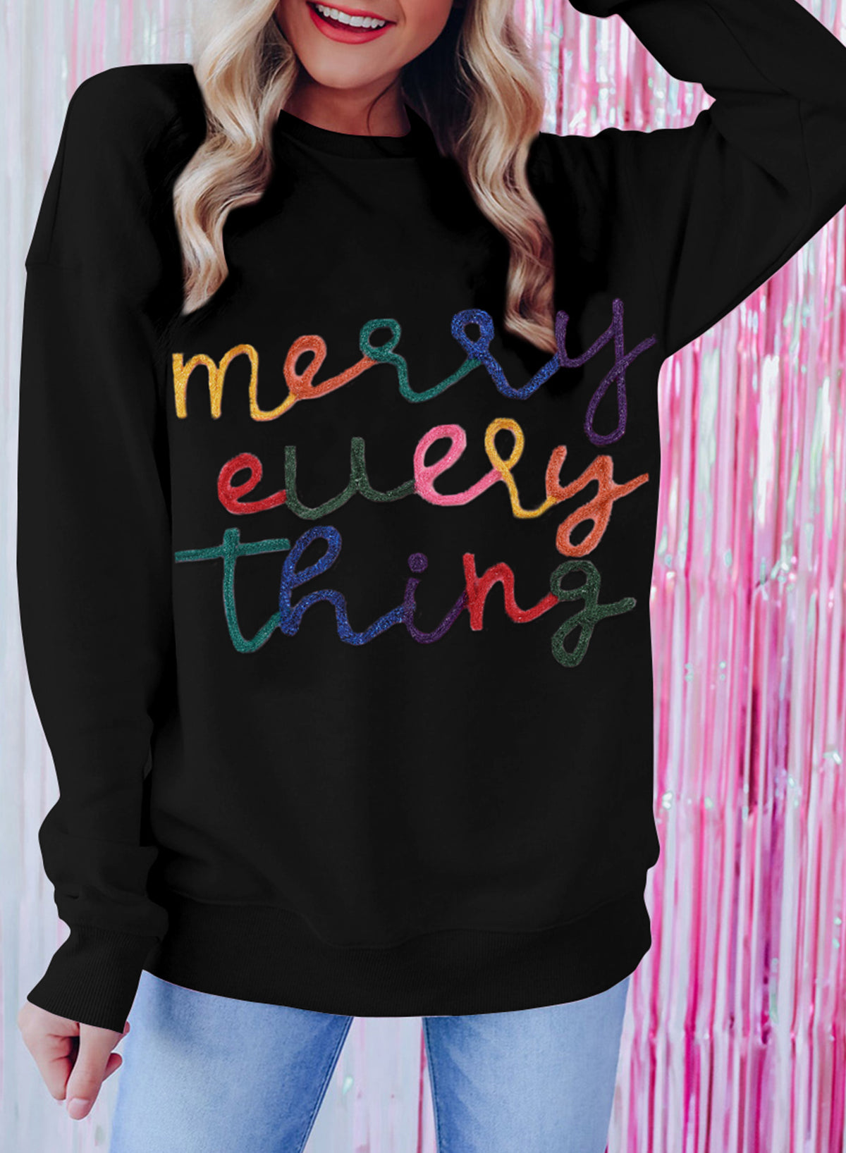 Peach Blossom Merry Every Thing Tinsel Slogan Sweatshirt