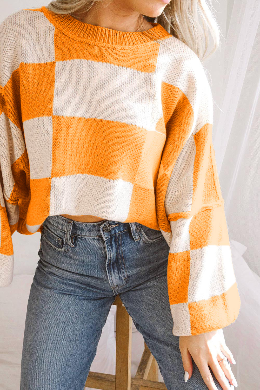 Orange Checkered Bishop Sleeve Sweater