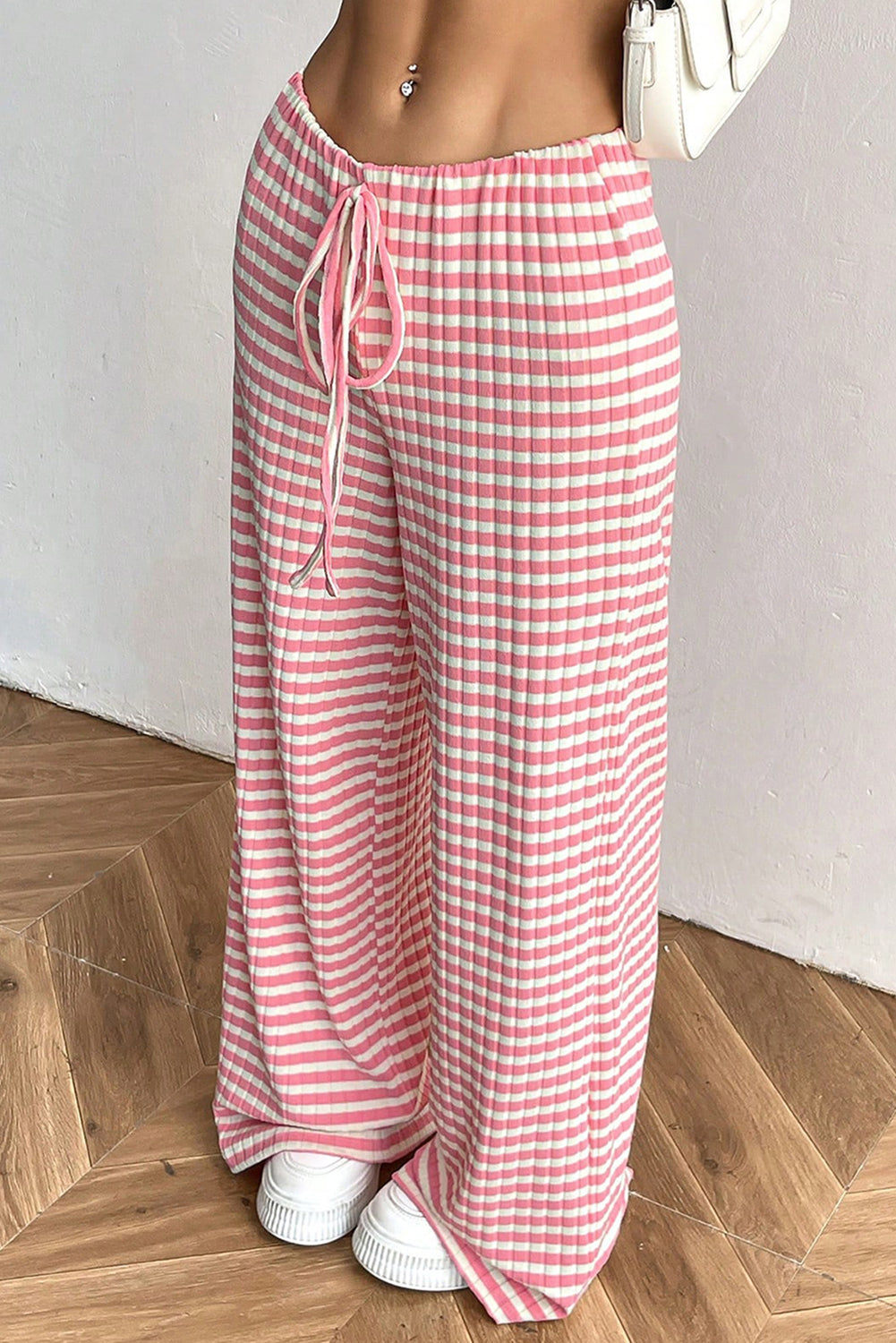 Pink Stripe Colorblock Print Cotton Drawstring Pants