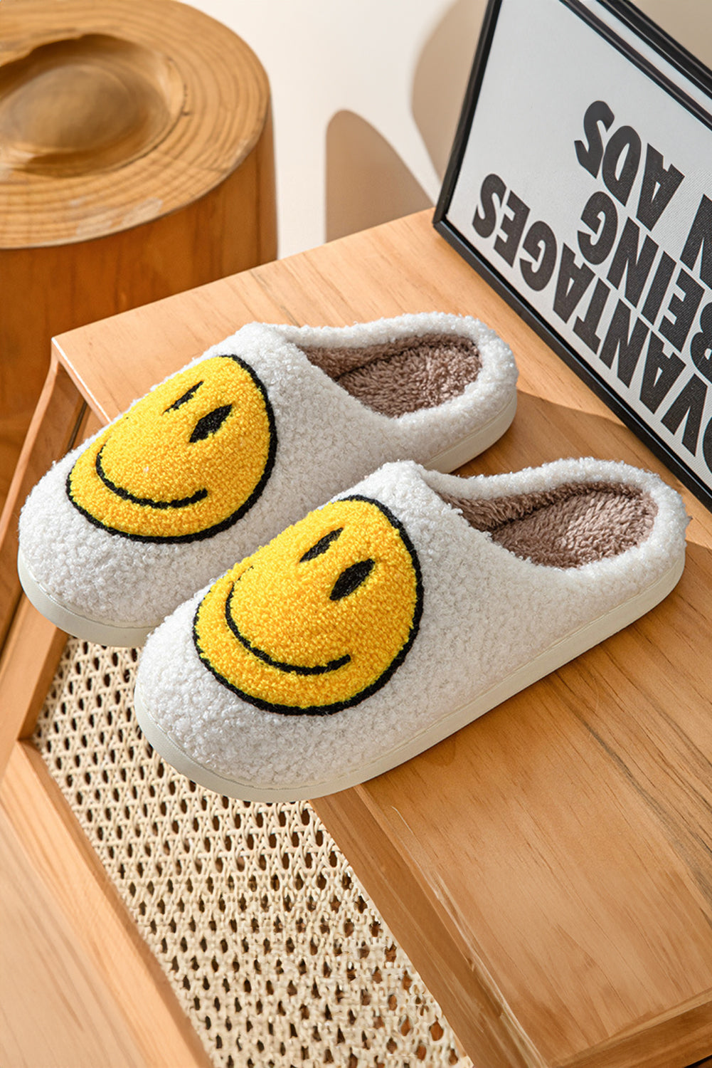 Pink Smile Face Print Non-slip Plush Home Slippers