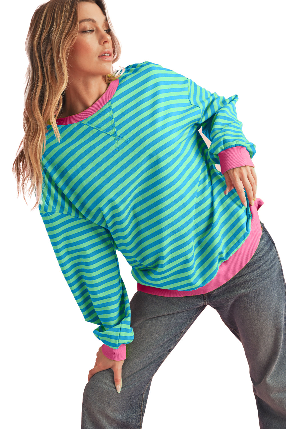 Blue Stripe Contrast Edge Cross Seam Oversized Pullover