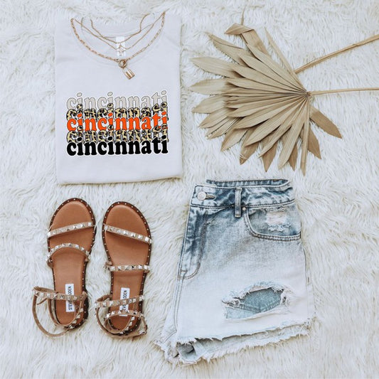 Cincinnati Stacked Leopard Crew Neck Tee