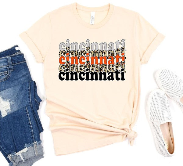 Cincinnati Stacked Leopard Crew Neck Tee