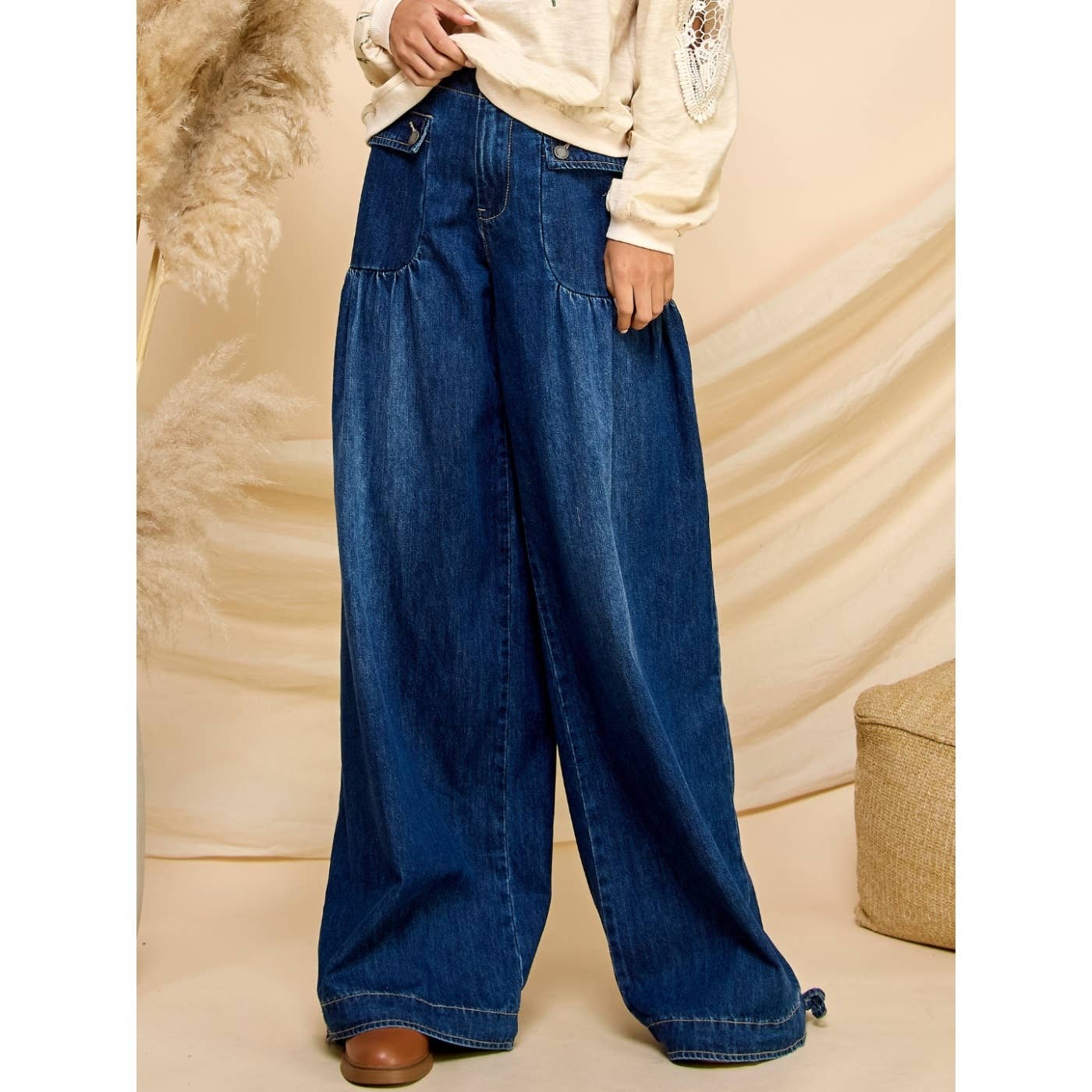 Oh My Genie Ankle Drawstring Wide Denim Pants