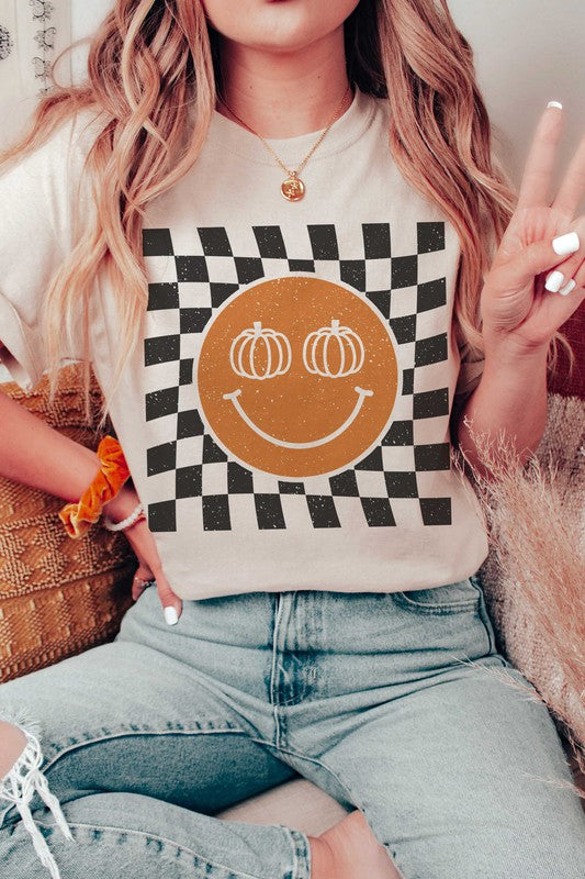 CHECKERED PUMPKIN EYES HAPPY FACE GRAPHIC TEE