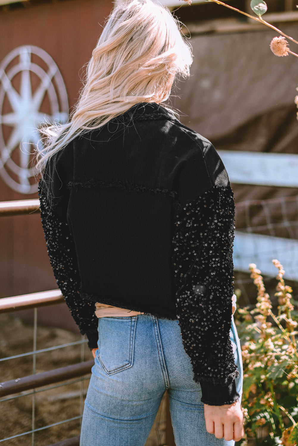 Black Sequin Sleeve Pocketed Raw Hem Denim Jacket