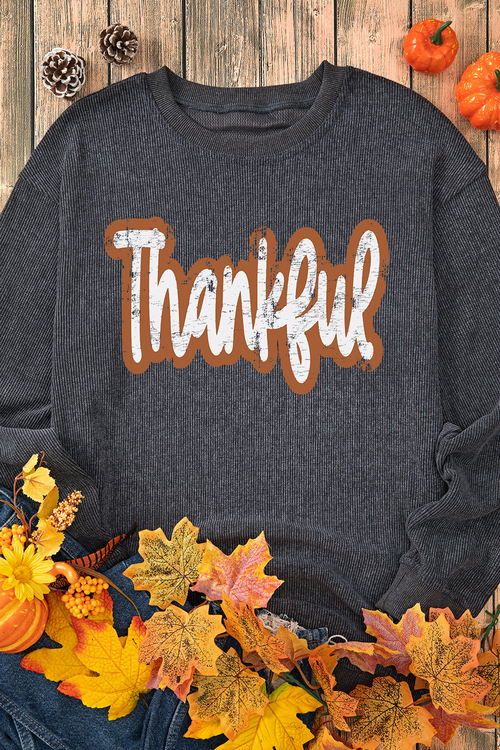 Gray Thankful Drop Shoulder Corded Graphic Thanksgiving Sweatshirt