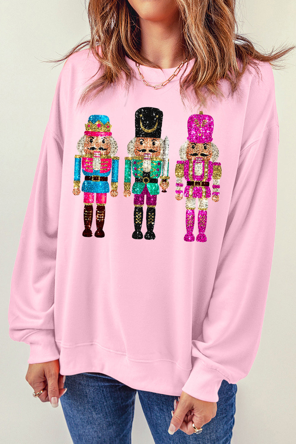 Pink Cute Nutcracker Printed Drop Shoulder Christmas Sweatshirt