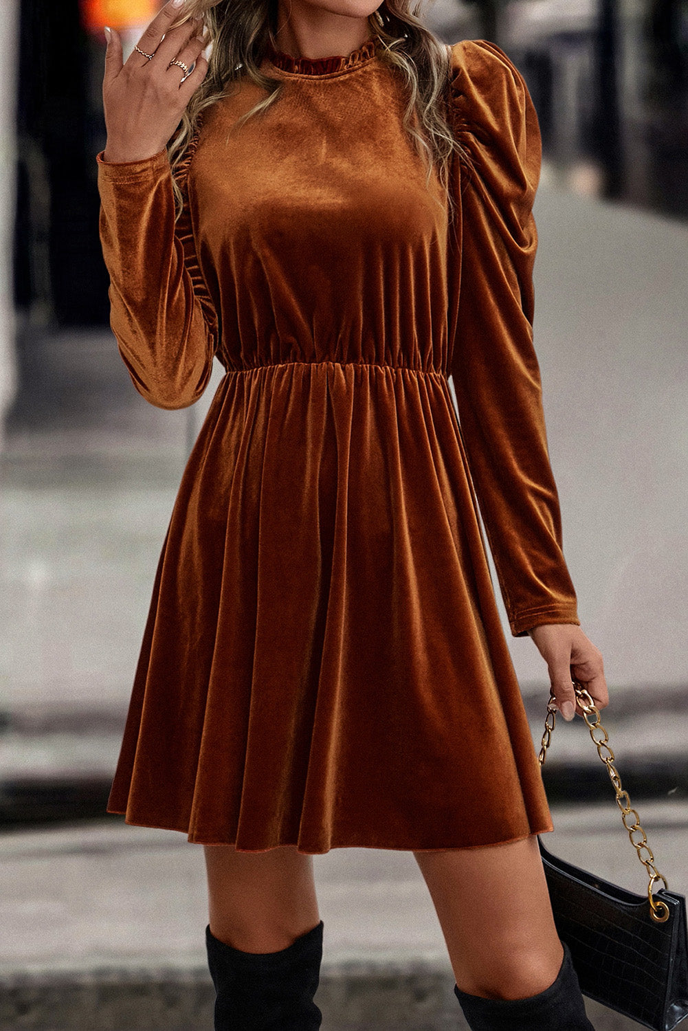 Chestnut Velvet Frilled Neck Gigot Sleeve Swing Dress