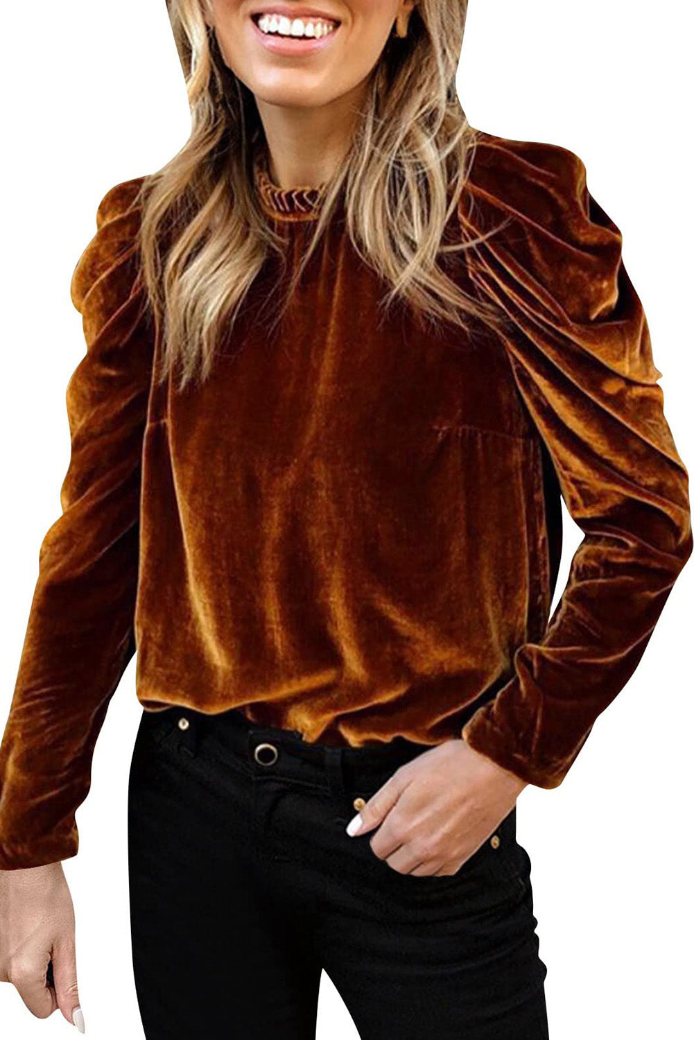 Chestnut Velvet Frilled Neck Ruched Puff Sleeve Top