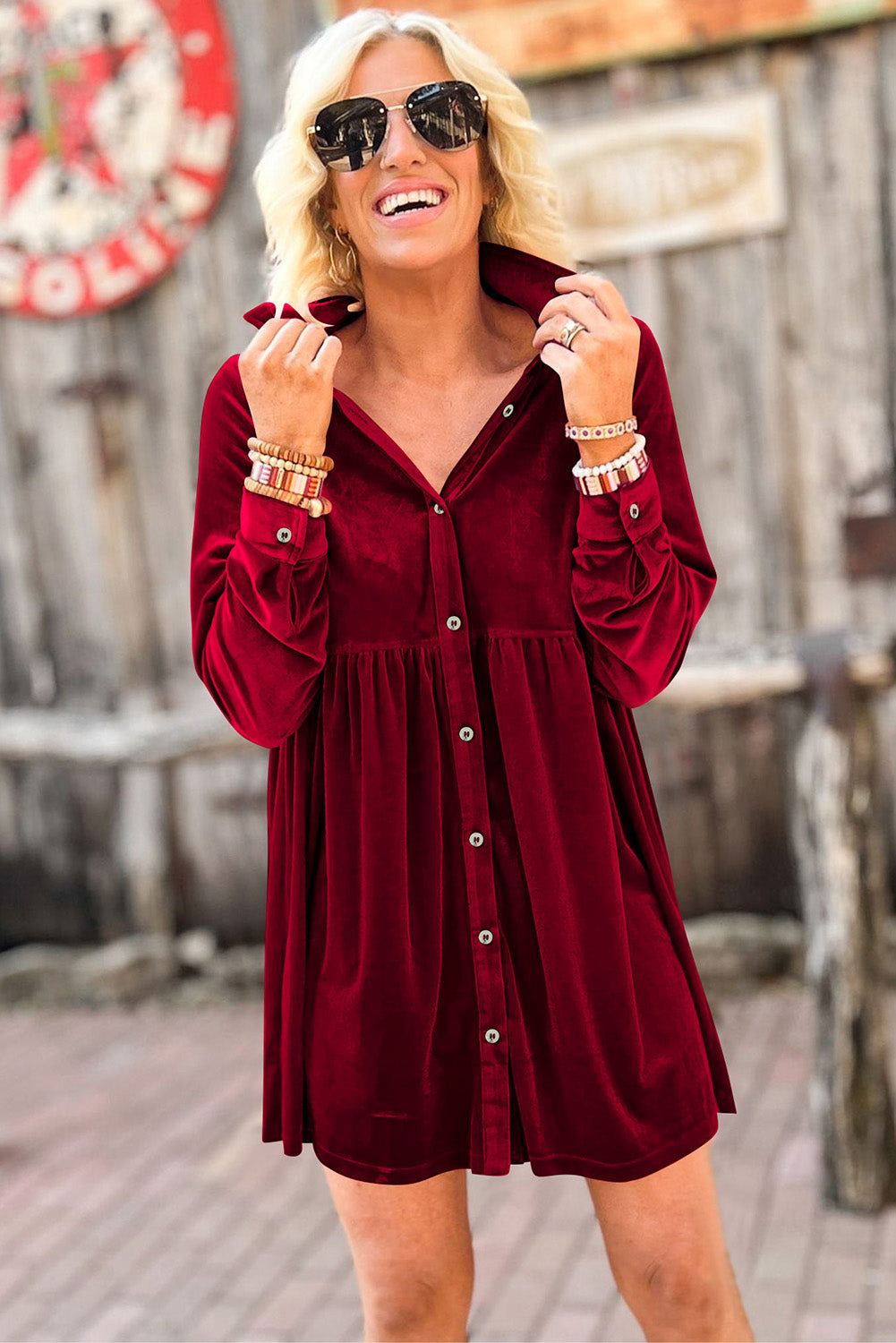 Red Long Sleeve Ruffle Velvet Button Up Shirt Dress