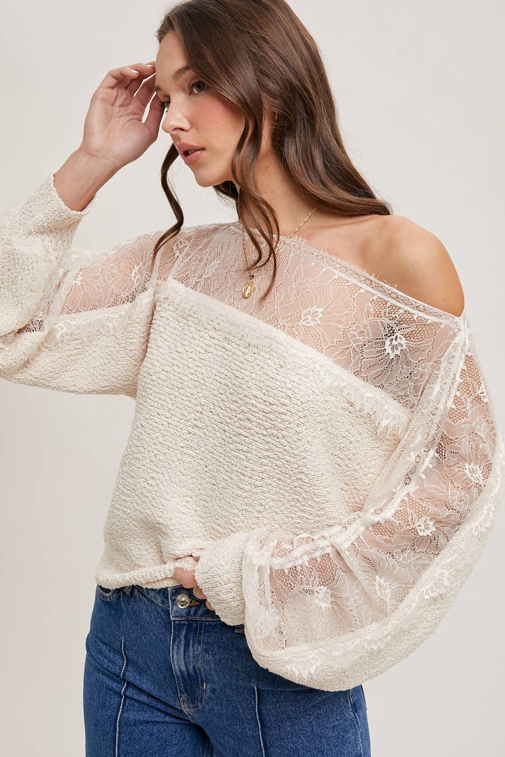 BOAT NECK LACE TRIMMED KNIT SWEATER