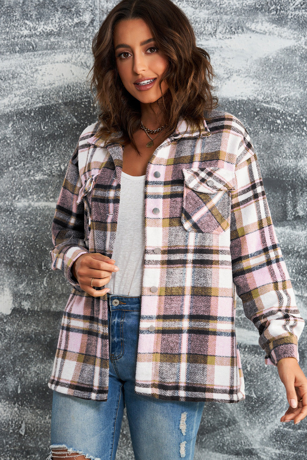 Brown Plaid Button Up Long Sleeve Flannel Shacket