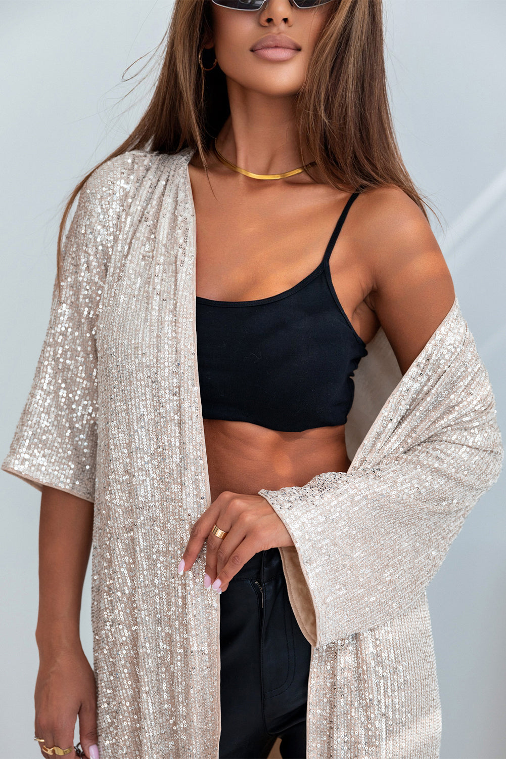 Apricot Sequin 3/4 Sleeve Open Front Duster Cardigan