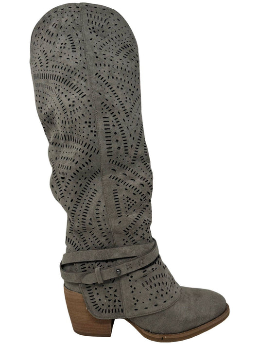 Very G Laser Cut Tall Boot with stacked heel