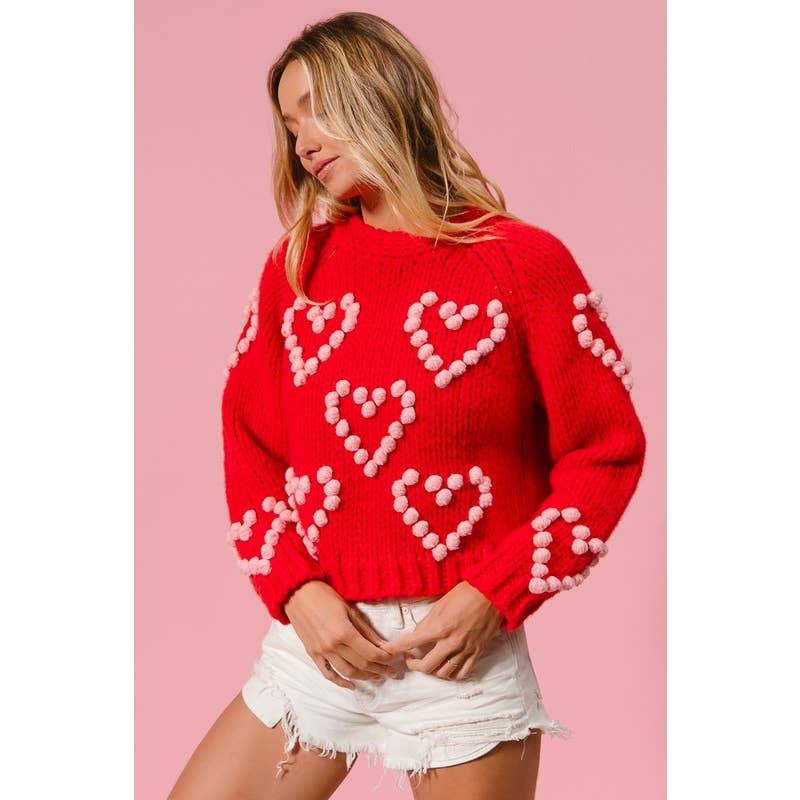 POM POM HEART TEXTUREED VALENTINE SWEATER