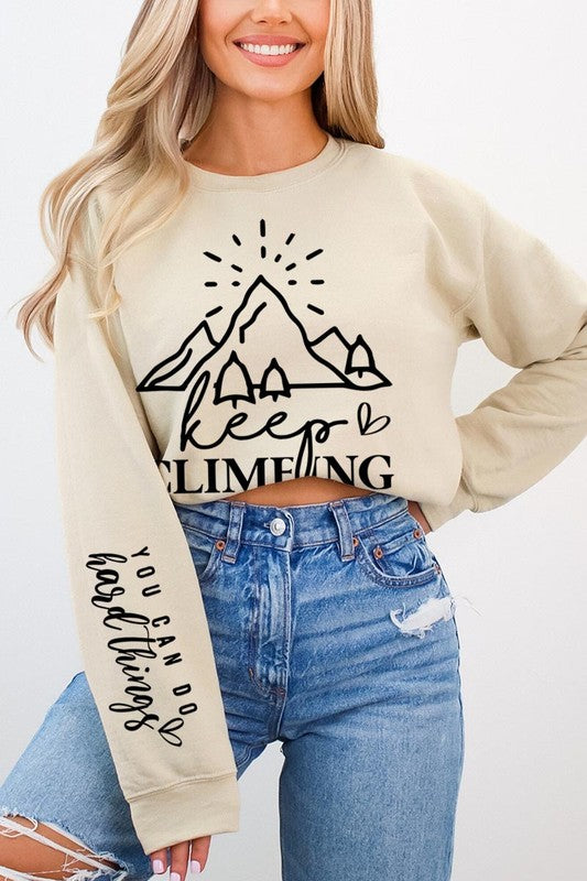 Climbing Faith Sleeve Graphic Fleece Sweatshirts