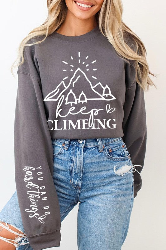 Climbing Faith Sleeve Graphic Fleece Sweatshirts