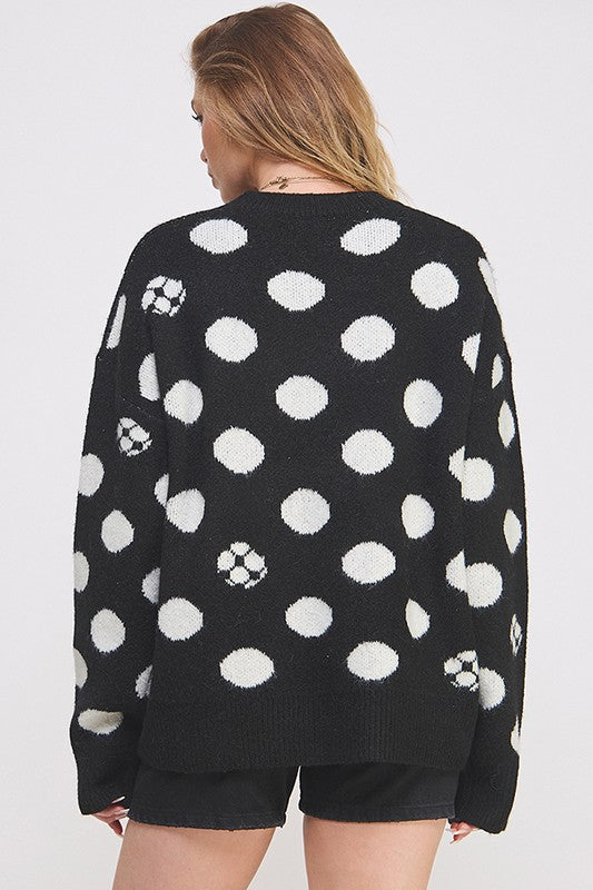 POLKA DOT/SOCCER BALL LONG SLEEVE KNIT SWEATER