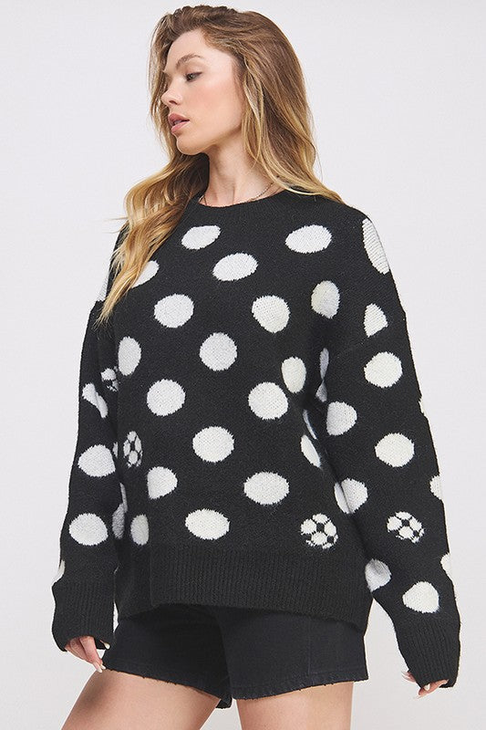 POLKA DOT/SOCCER BALL LONG SLEEVE KNIT SWEATER