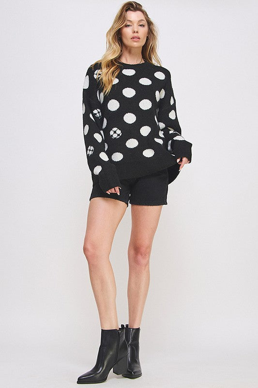 POLKA DOT/SOCCER BALL LONG SLEEVE KNIT SWEATER