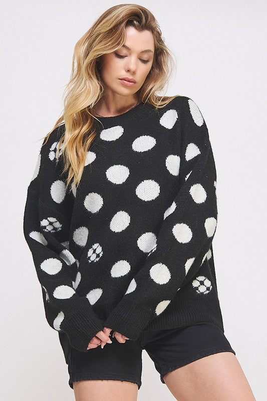 POLKA DOT/SOCCER BALL LONG SLEEVE KNIT SWEATER