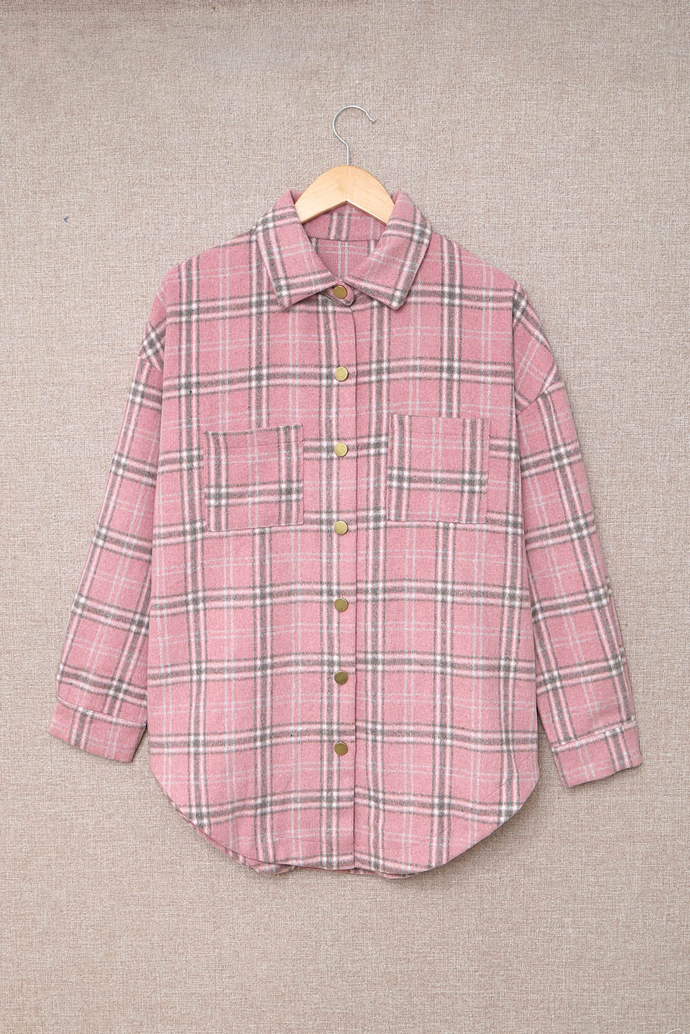 Pink Plaid Casual Button Up Shirt Shacket with Slits