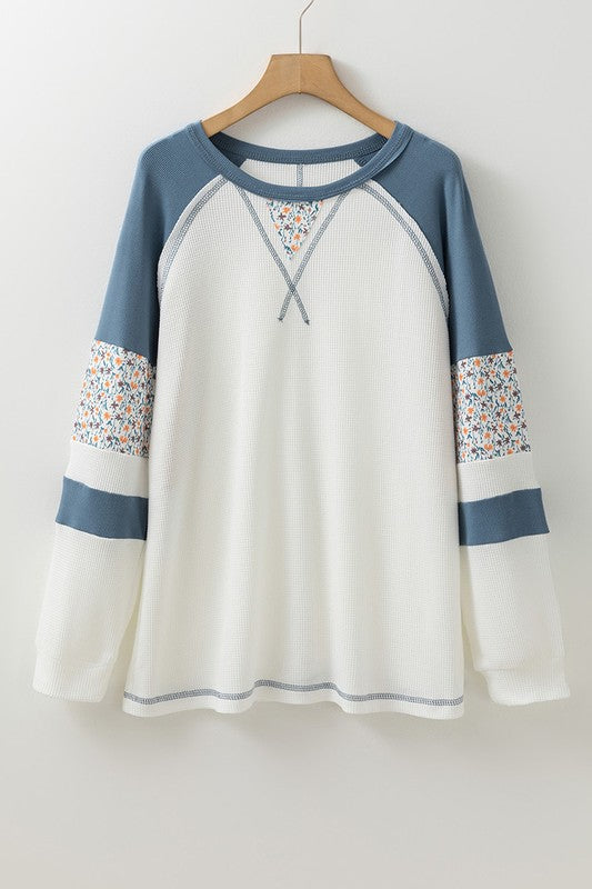 Floral Patchwork Waffle Knit Raglan Sweatshirts